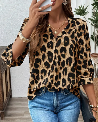Blusa de manga media con estampado de leopardo y corte holgado