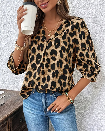 Blusa de manga media con estampado de leopardo y corte holgado