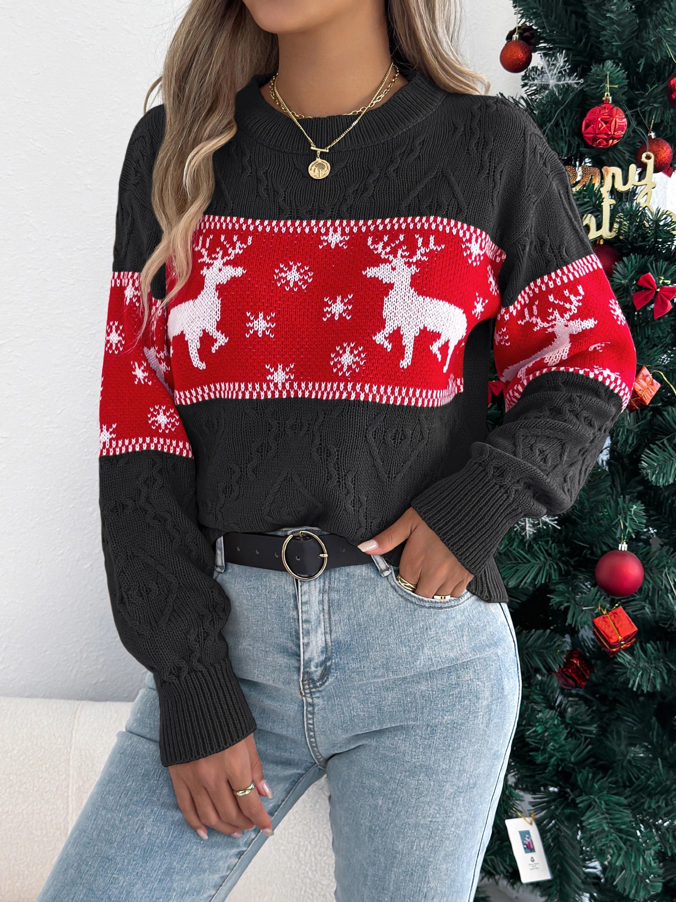 Jersey mujer Navidad copos de nieve y ciervos