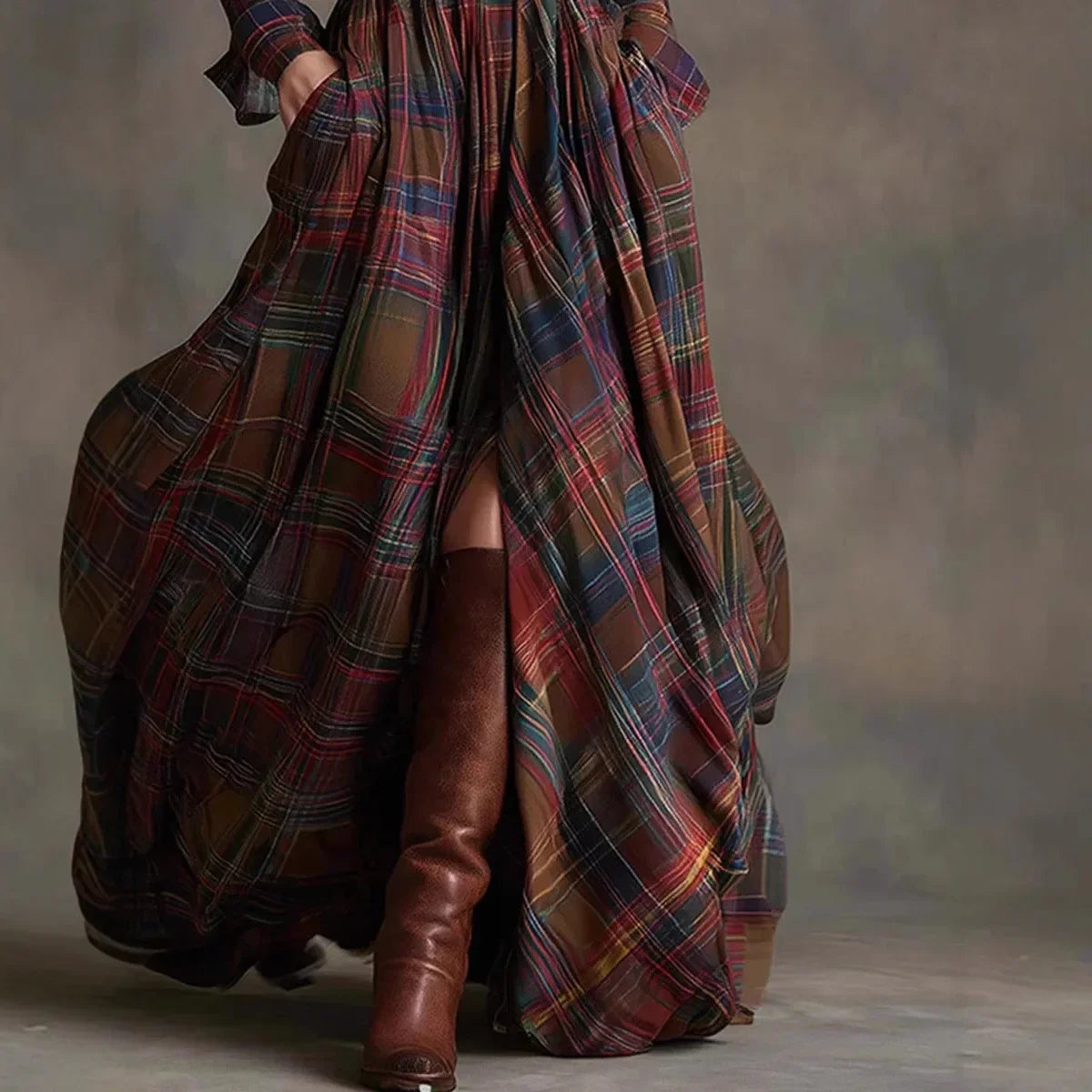 Elizabeth | Vestido largo a cuadros con cinturón