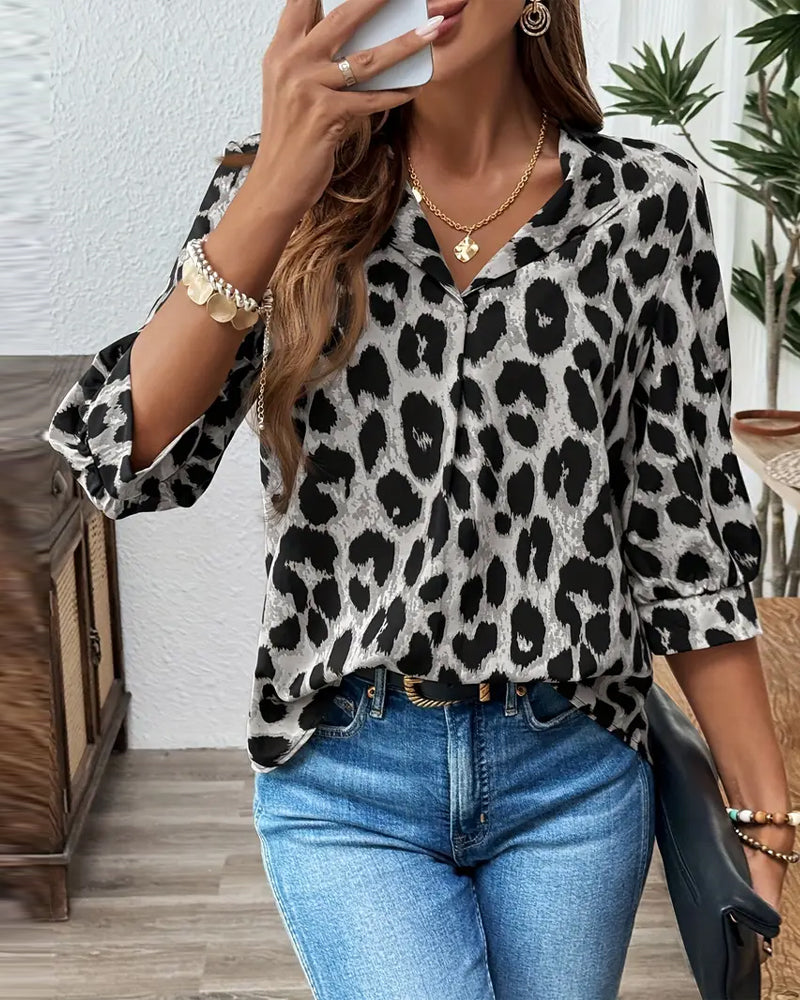 Blusa de manga media con estampado de leopardo y corte holgado